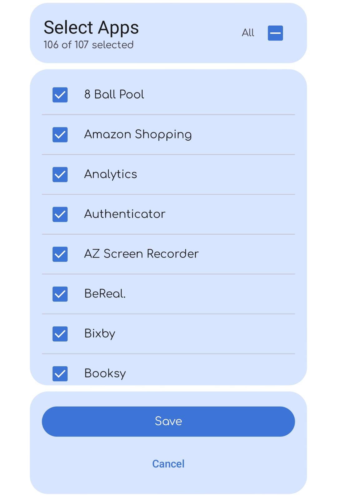 ScreenTime Overlay app selection screen