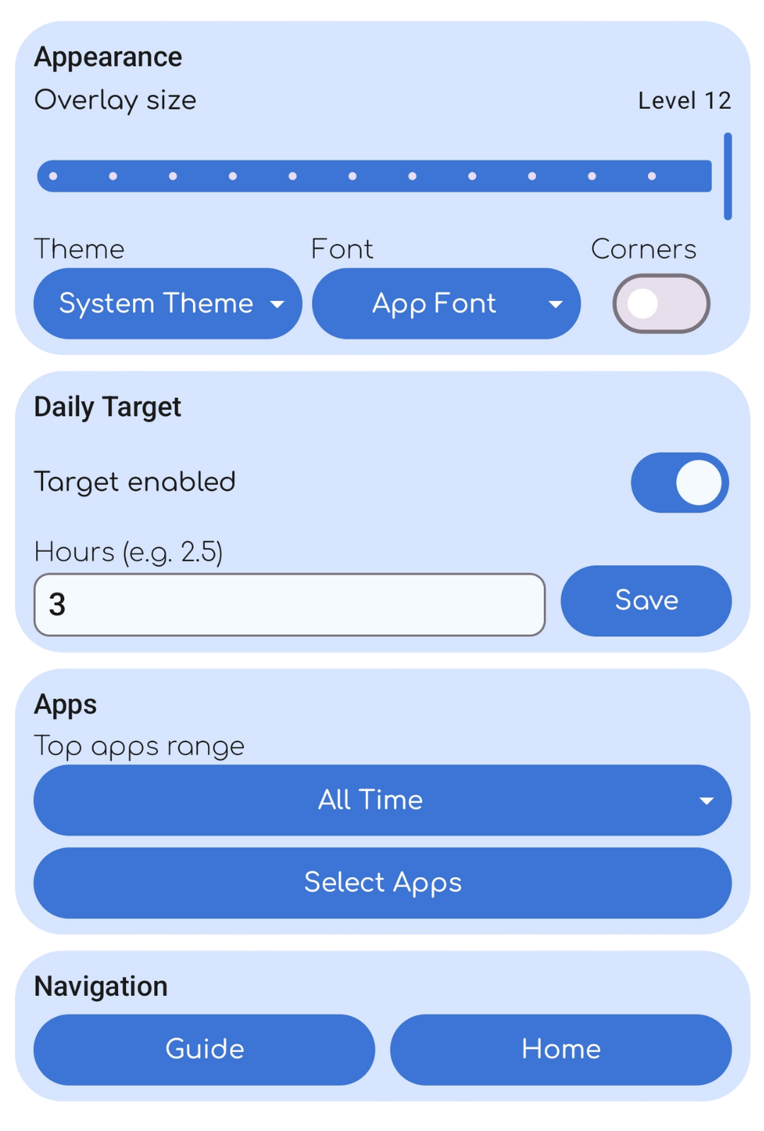 ScreenTime Overlay settings screen