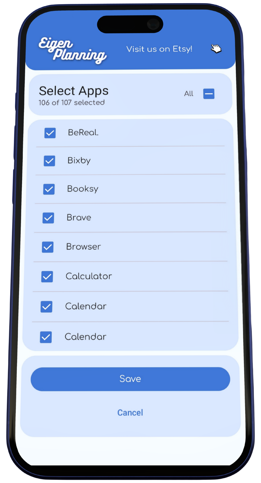 ScreenTime Overlay app screen for selecting the apps that count towards screen time