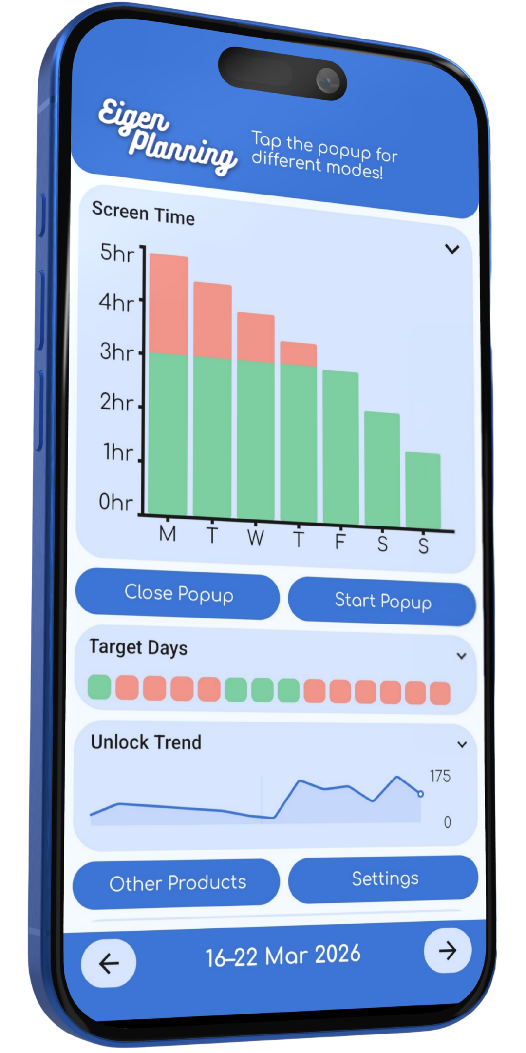 ScreenTime Overlay Android app showing weekly screen time, target days, and an unlock trend graph